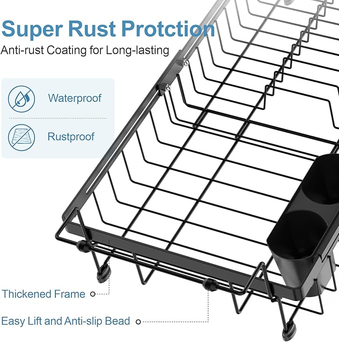 iSPECLE in Sink Dish Drying Rack with Silicone Sink Protector - Expandable Capacity Dish Drainer with Utensil Holder, 15.8''-20.7'' L x 12" W, Large, Black