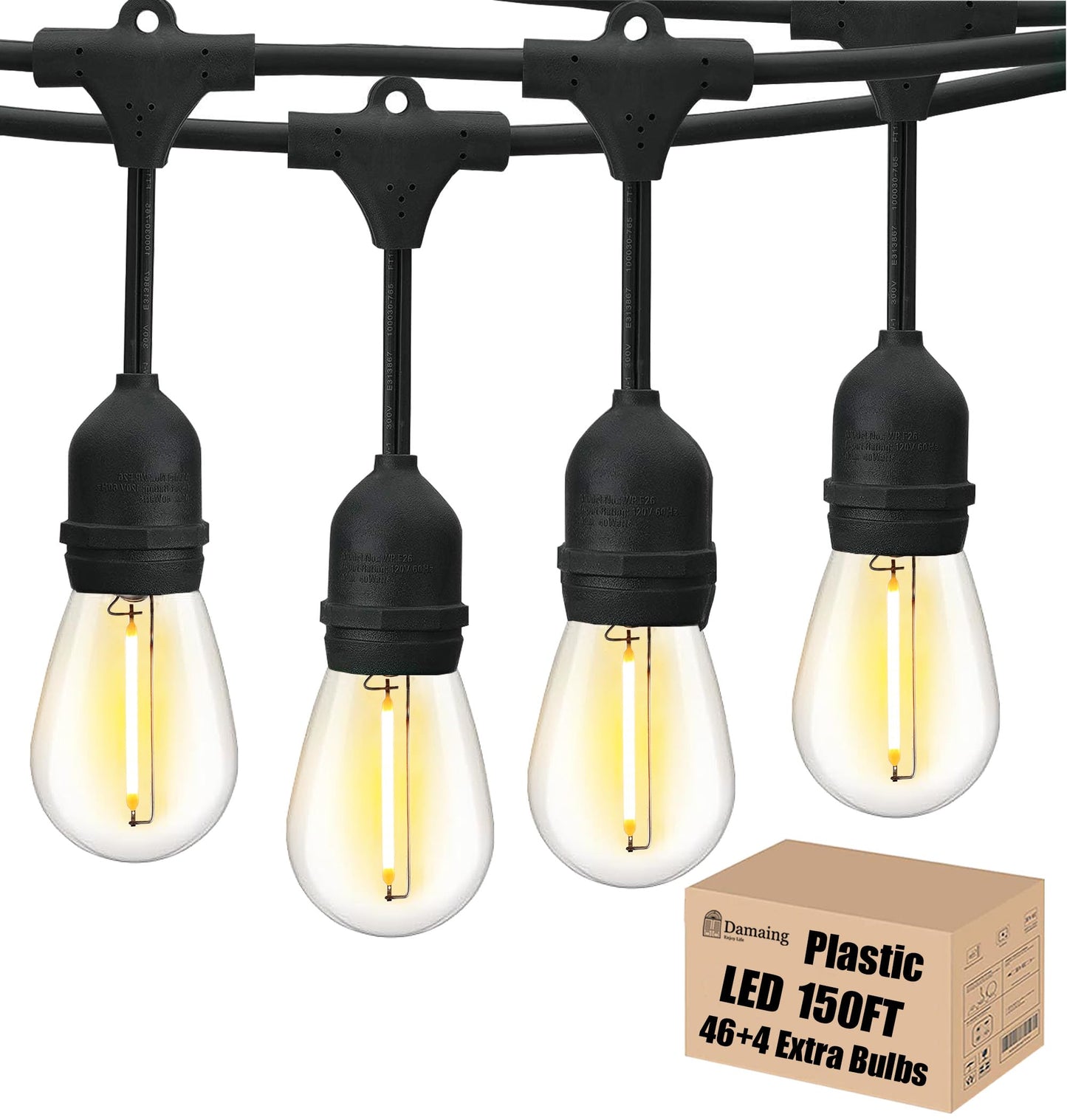 DAMAING LED Outdoor String Lights, 150FT Shatterproof, IP65 Waterproof, 2 Pack, Yellow, Model US075023-S14-2P