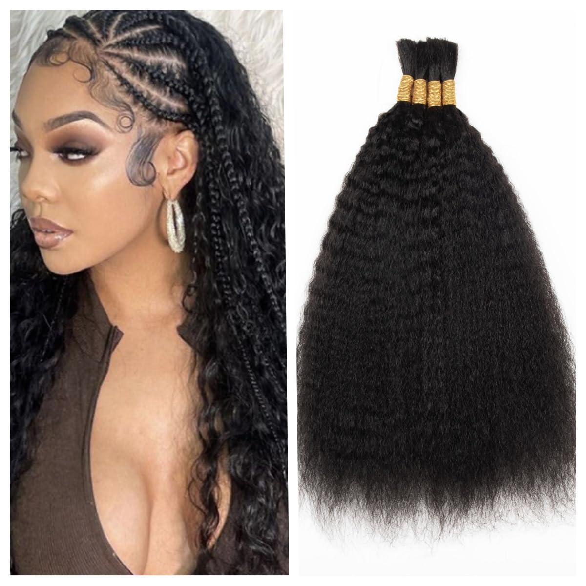 Kinky Straight Human Braiding Hair No Weft 100g (1Pack-4PCS) Yaki Straight Bulk Human Hair For Bohe Braids Micro Braiding Hair F