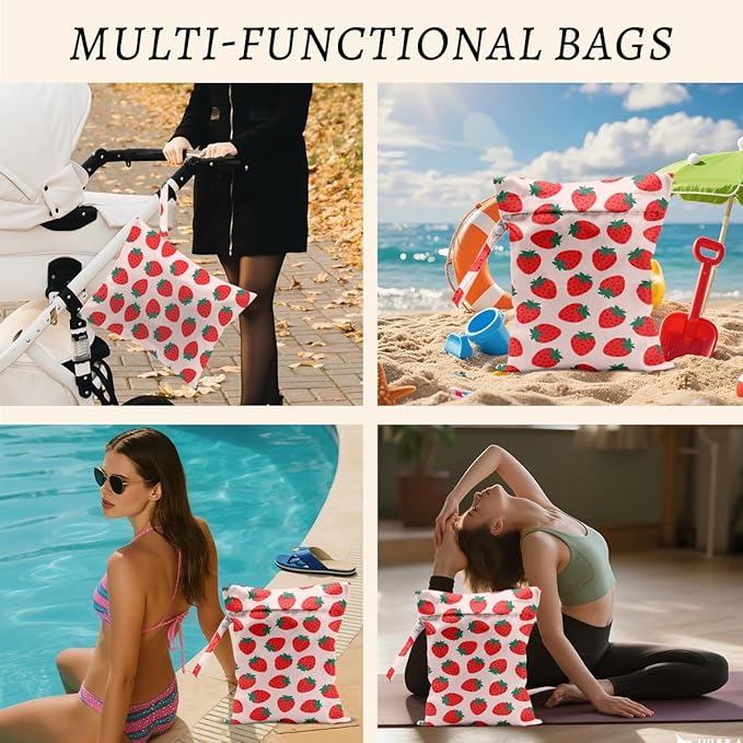 Secret Santa Gifts, Strawberry Wet Bags 12x10 Inch, Pink Reusable Wet Dry Bag for Swimsuit Pool Beach Diapers Dirty Yoga Gym Clothes, Strawberry Gifts for Women Friend Travelers