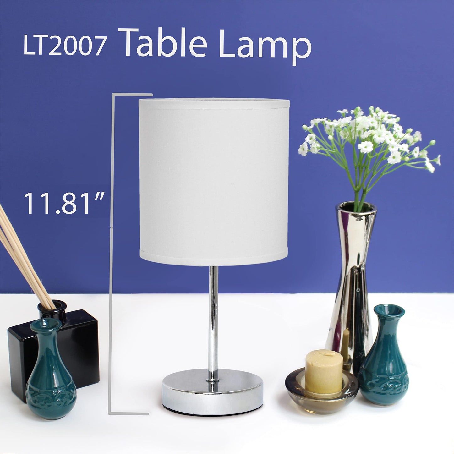 Simple Designs Lt2007-Wht Chrome Mini Table Lamp, Fabric Shade, Metal, White, No Bulb