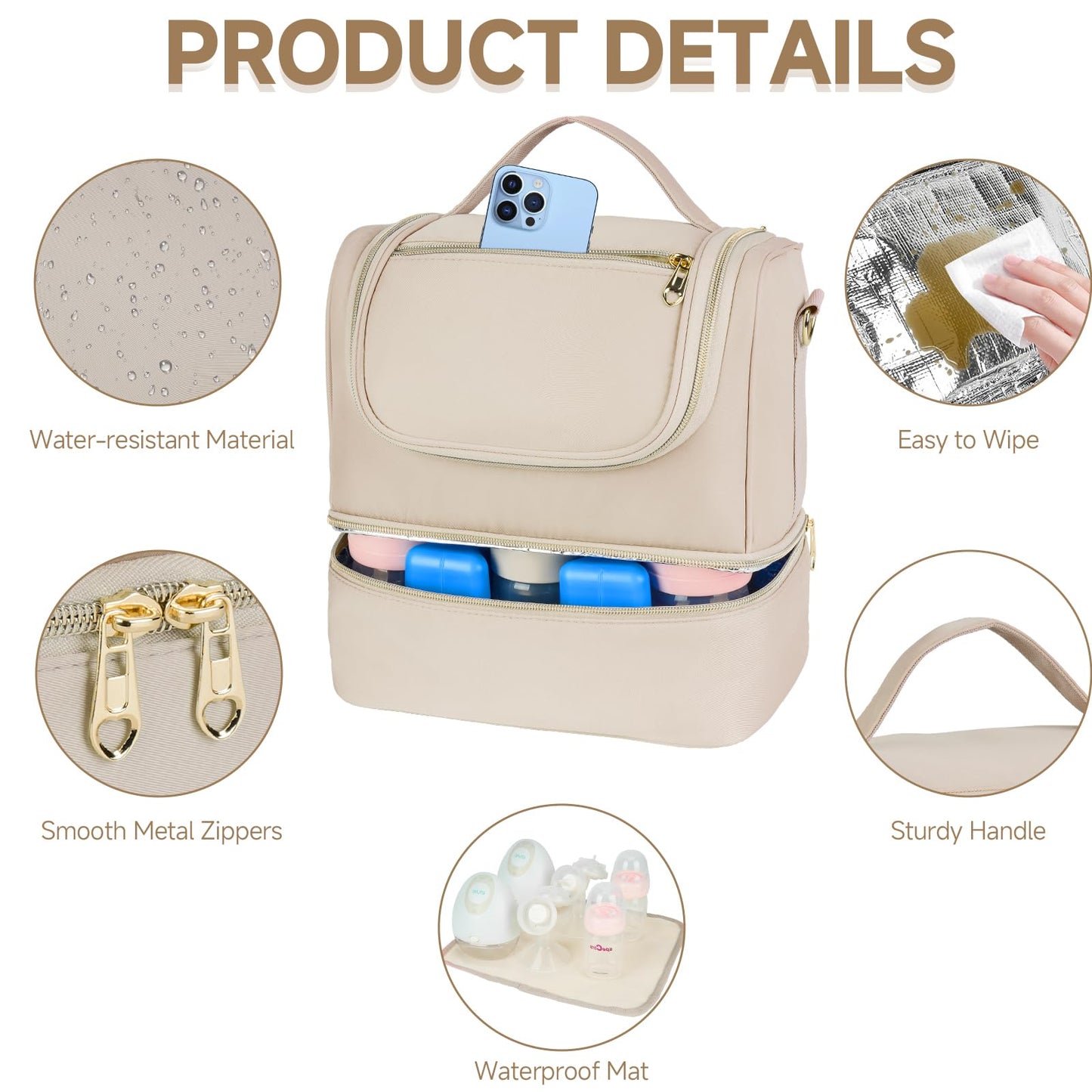 Jaffzora Wearable Breast Pump Bag with Cooler Compartment Fits for Willow/Elvie/Momcozy M5/S12 Pro/Medela, Breast Milk Travel Tote Bag with Ice Pack & Waterproof Mat,Apricot