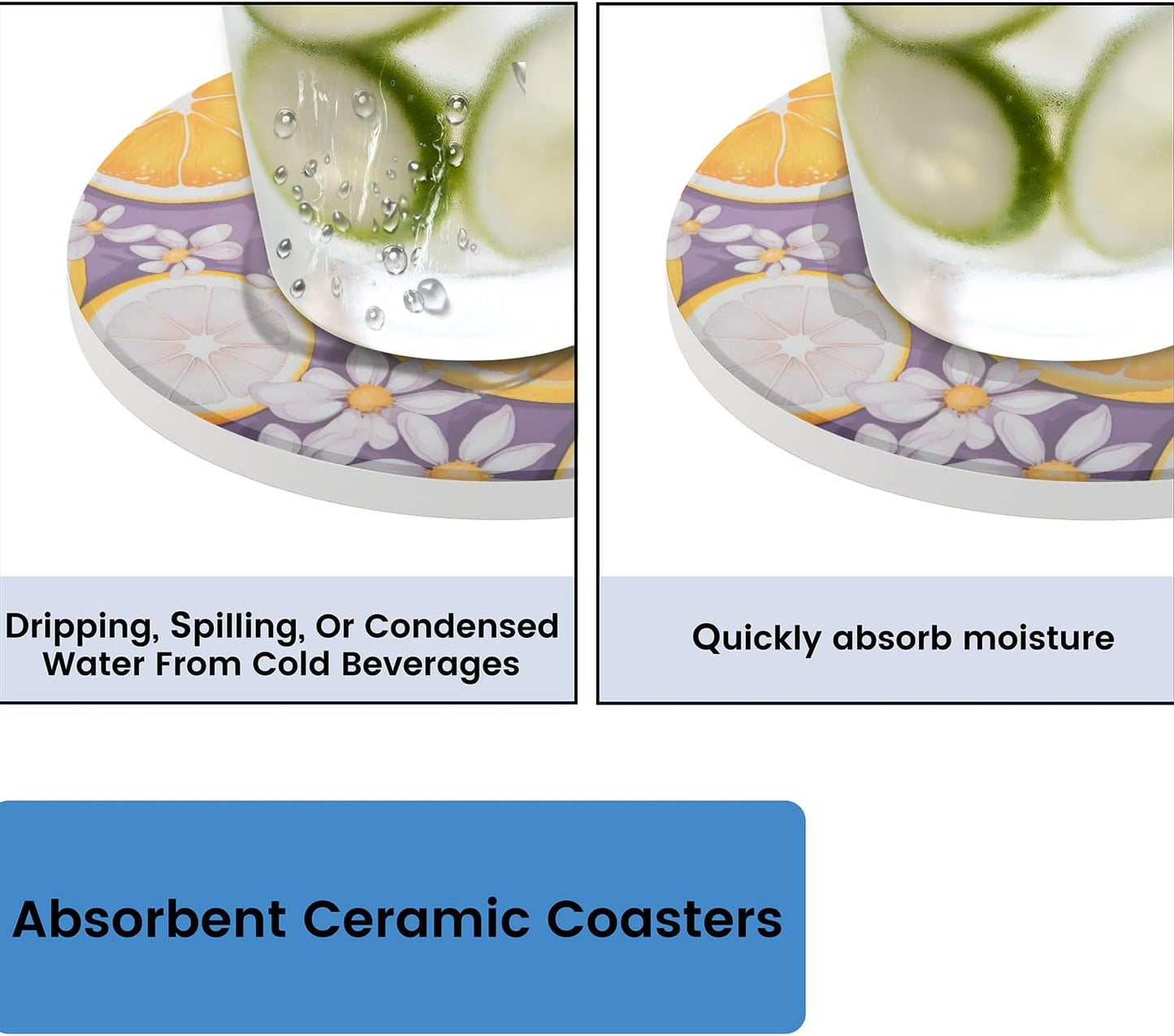 Ceramic Coasters for Drinks with Cork Back,Citrus Slice Daisy 4 Inch Absorbent Coaster Set 4 Pack, Quick Dry Non-Slip Coaster Mats for Home, Office, Bar