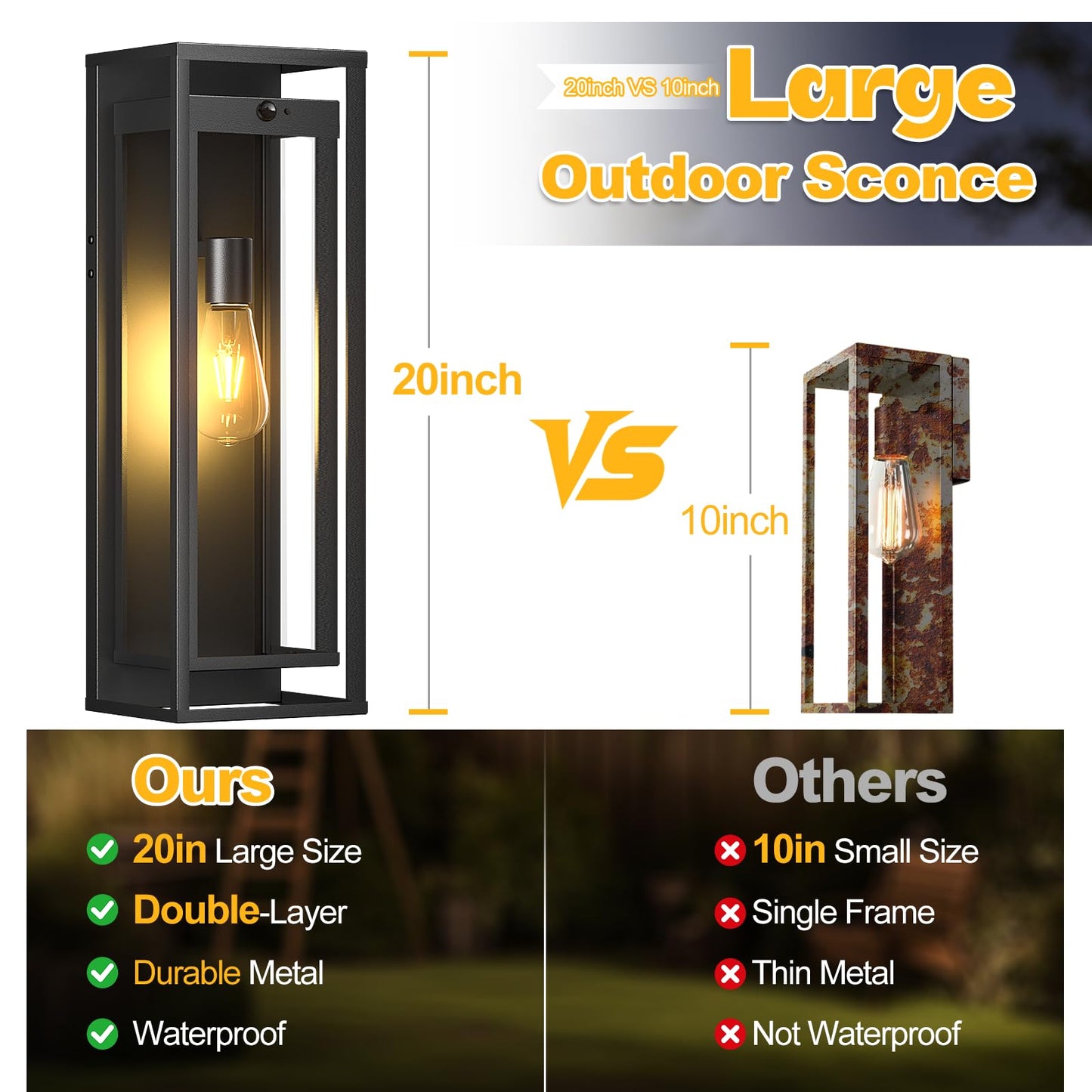 Siafavoi Large Motion Sensor Outdoor Lighting-20In Dusk To Dawn Modern Waterproof Sconce Wall Mounted E26 Black Porch Lights Exterior Lighting Fixture For Coach Doorway Patio