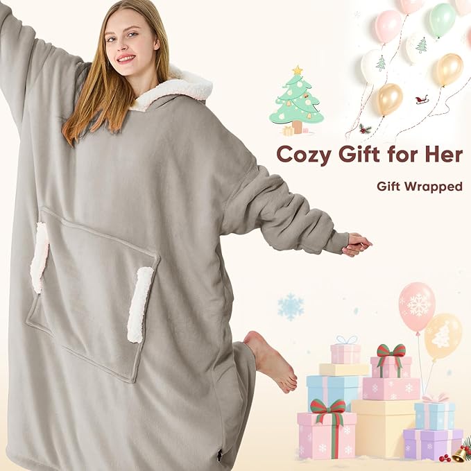 yescool Wearable Blanket Hoodie, Flannel Sherpa Fleece Blanket Sweatshirt for Adults Women Men,One Size Fits All