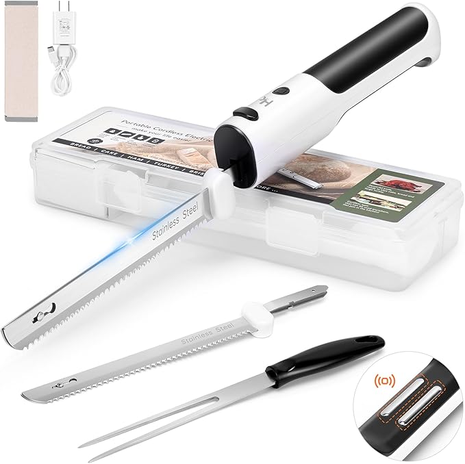 HK Cordless Electric Knife for Carving Meats, Poultry, Bread, Crafting Foam & More, Included Dual 304 Stainless Steel Blades, Fork, Foldable Cutting Board