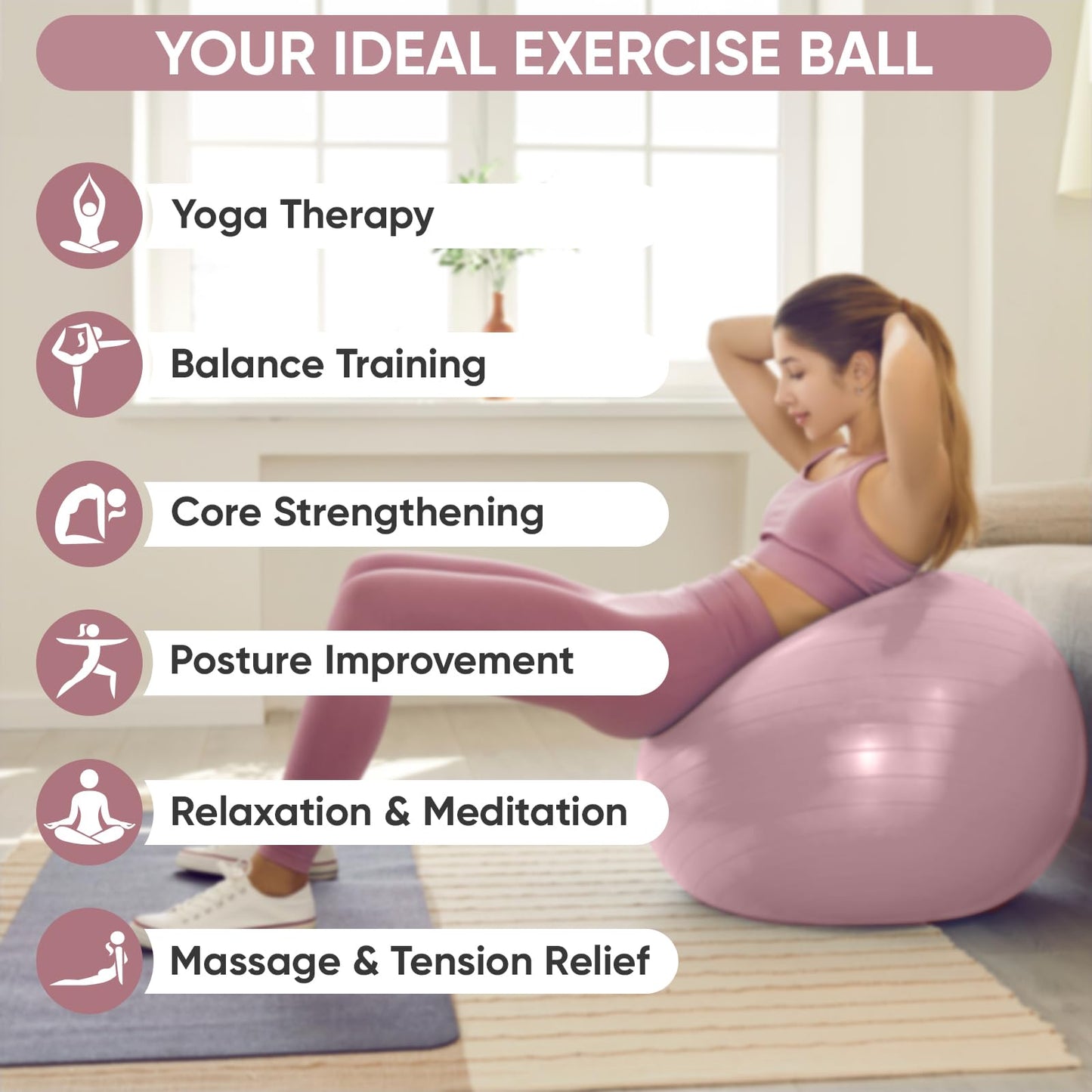 APEXUP Yoga Ball Exercise Ball, Anti Slip Stability Ball Chair, Heavy Duty Large Gym Ball for Fitness, Balance, Core Workout and Physical Therapy (M (19"~22) 55cm, Pink)