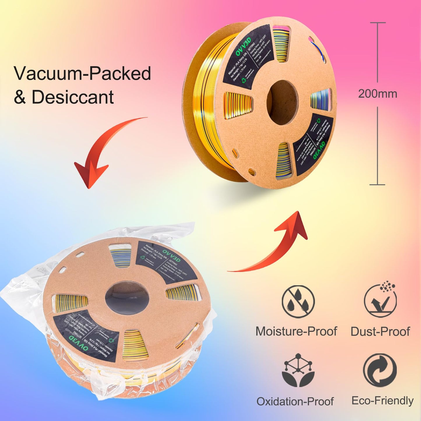 OVV3D 3D Printer Filament, PLA Filament 1.75mm, Tri-Colors Rainbow Silk PLA Filament, Rainbow PLA Filament with Silk PLA Red-Yellow-Blue, 3D Printing Filament PLA Filament 1.75mm +/-0.02mm, 1kg