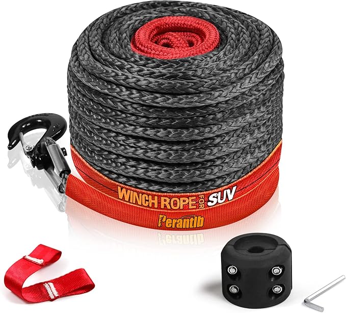 Synthetic Winch Rope 3/8" x 100'-23800 lbs Winch Line with Protective Sleeve,Forged Winch Hook,Safety Pull Strap go for 4W...