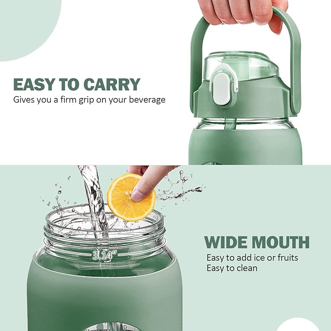 kytffu 56oz Glass Water Bottles with Straw, Motivational Glass Bottle with Silicone Sleeve and Time Marker, Leakproof Large Glass Water Jug for Gym Home Office,Olive
