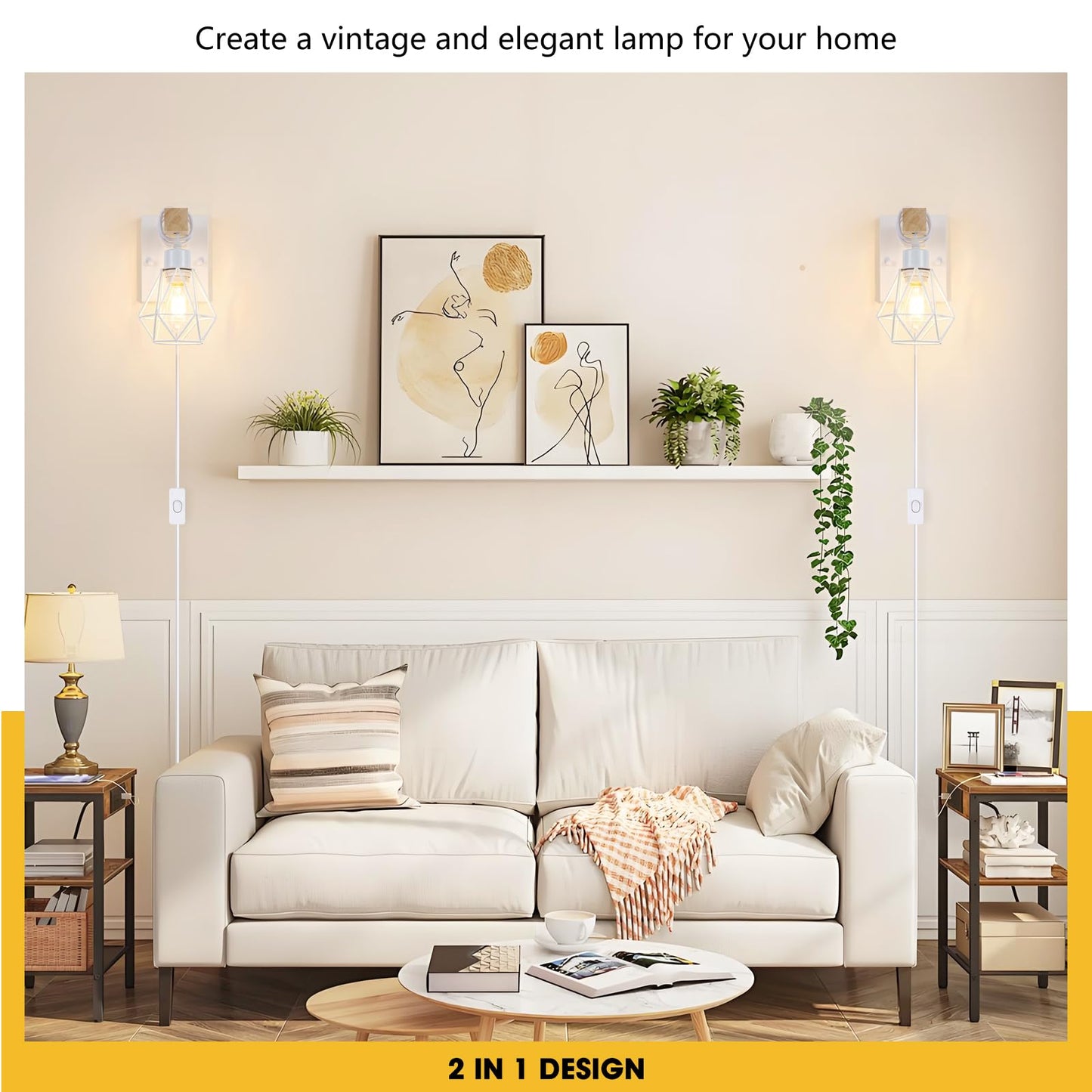 Lomoky White Plug In Wall Sconces Set Of Two  Modern Wall Lights With 5.25Ft Plug In Cord  Wooden Bedside Wall Lamps With Metal Shade  Industrial Wall Lighting Decor For Living Room  Hallway  Stairs