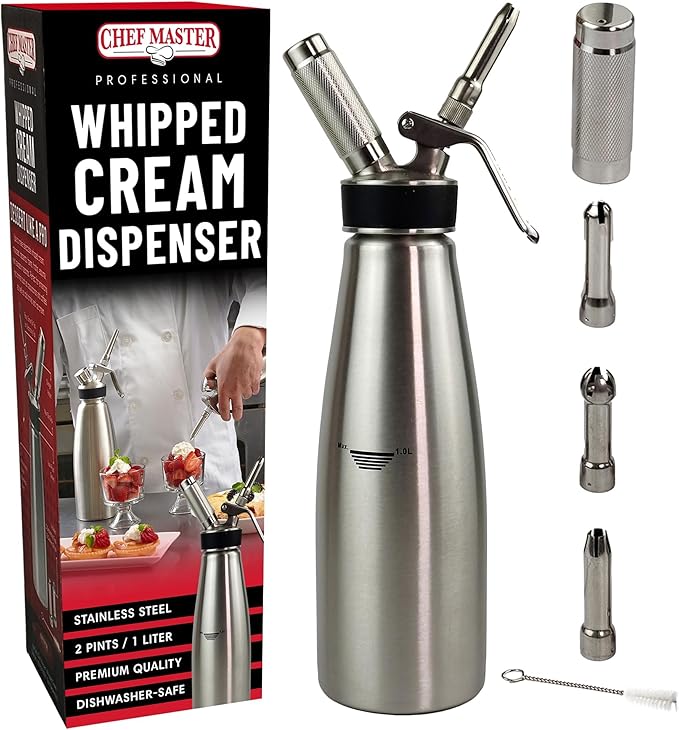 Chef Master (2 Pint / 1 Liter) Stainless Steel Whipped Cream Dispenser - Decorating Tips for Desserts, Latte + Cleaning Brush - Whip Cream Dispenser Canister for Home, Bakery or Restaurant - 90079