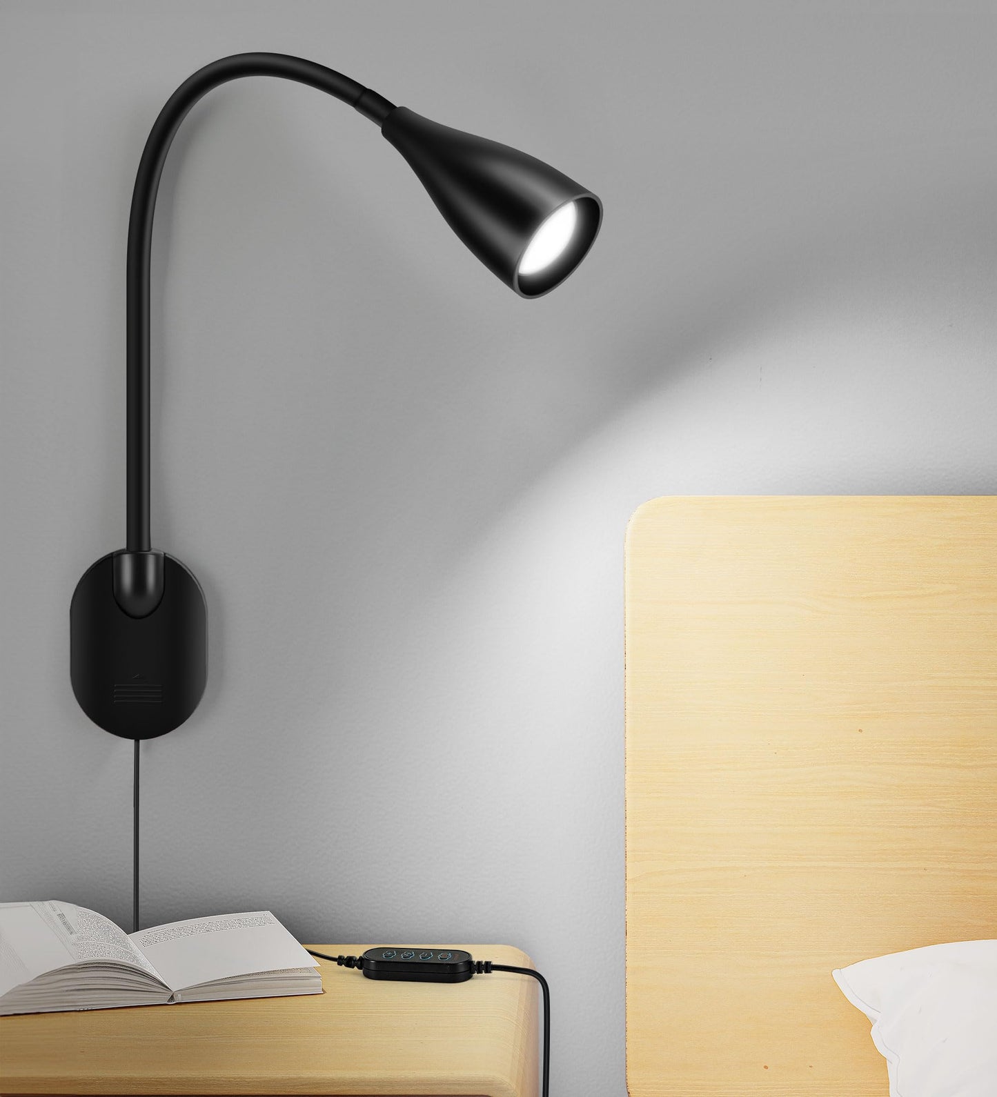 LiFMIRA Wall-Mounted LED Bedside Reading Light with USB Charging Port, 10-Level Dimmable & Adjustable 5 Color, Plug-in Adhesive Night Lamp for Books in Bed, Eye-Caring Bedroom Lighting (Black 2 Pack)