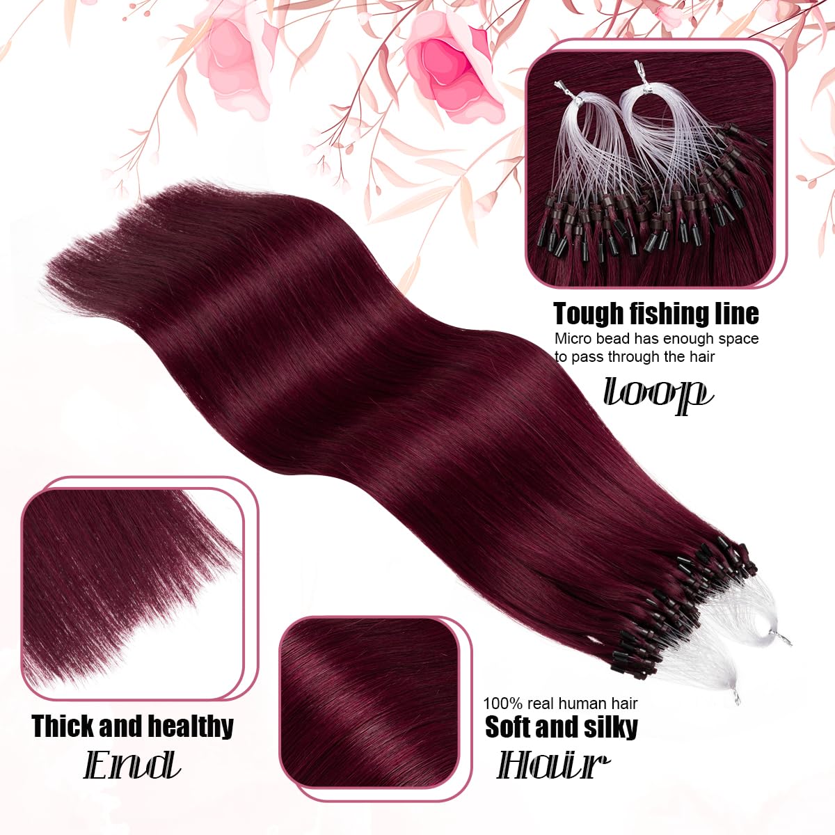 Micro Ring Hair Extensions Human Hair Loop 1g/Strand 50g Natural Bead Extensions (#99J, 24inch)