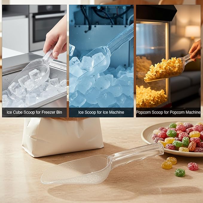 Clear Plastic Ice Scoop for Freezer, 12 Oz Acrylic Kitchen Ice Scoopers for Ice Bucket, Flour, Popcorn, Candy, Grain, Food, Dry Goods