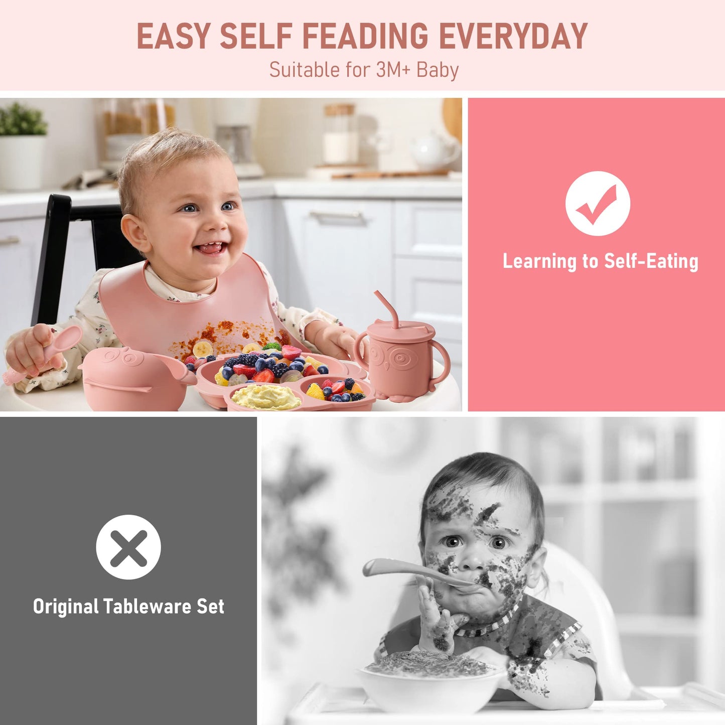 Bnditeu Baby Weaning Set - Silicone Toddler Feeding Set (10 Pcs) with Adjustable Bib, Suction Bowl, Plate, Fork, Spoon, Water & Snack Cup Kit - Baby Led Weaning Kit