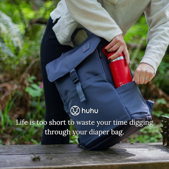 Huhu Diaper Bag Backpack – Baby Bag for Moms & Dads – Water-Resistant, Unisex Travel Kit for New Parents – Includes Changing Pad and 2 Organizer Pouches (Dusky Blue)