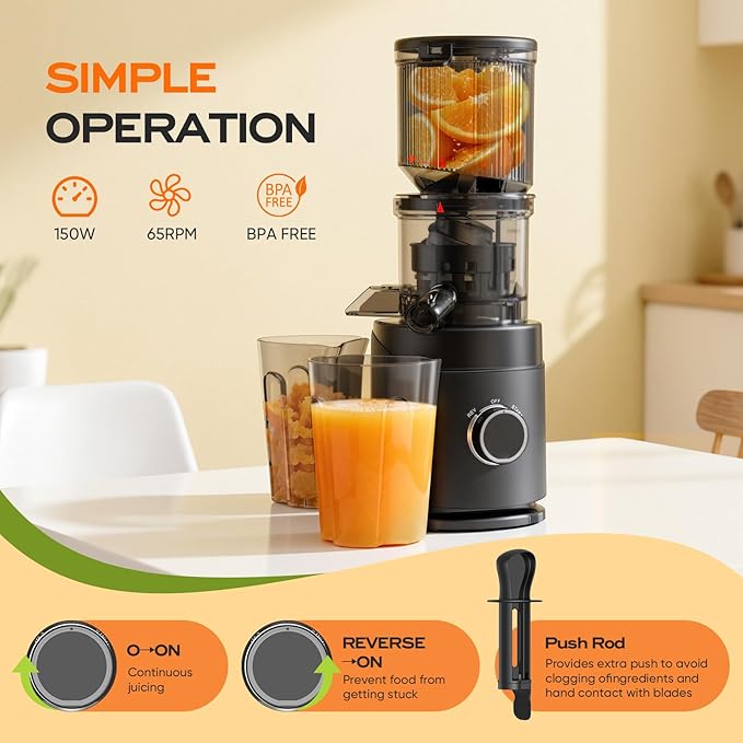 Juicer Machines, 150 Watts Cold Press Juicer with Wide Chute, Slow Masticating Juicers, High Juice Yield for Leafy Greens, Fruits & Vegetables, Easy to Clean