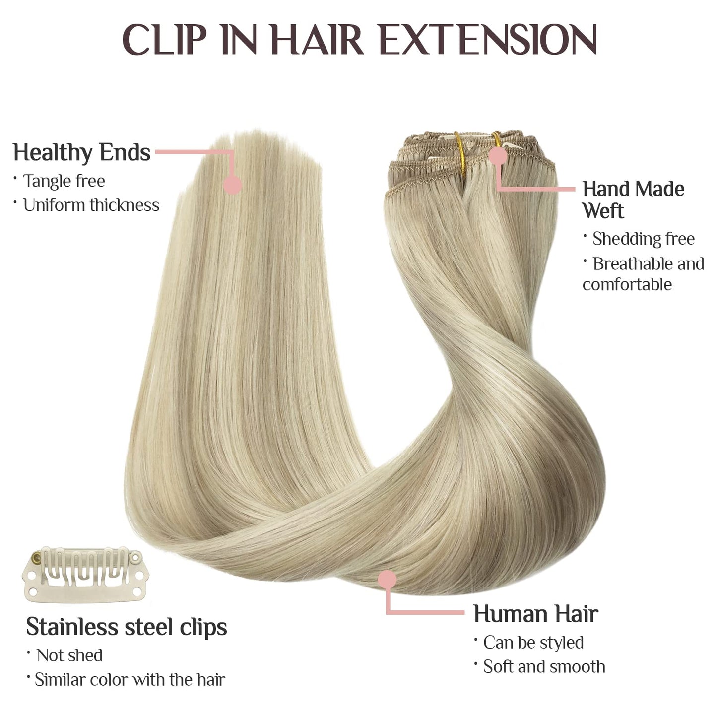 MAXITA Hair Extensions Clip in Human Hair, 80g 5pcs Ash Blonde Highlighted Platinum Blonde 18 Inch, Clip in Real Human Hair Remy