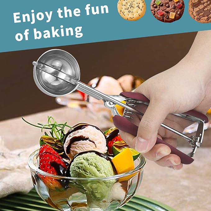 Cookie Scoops for Baking Set of 3, 18/8 Stainless Steel Ice Cream Scoop, 1 Tbsp/2 Tbsp/3 Tbsp Cookie Dough Scoop, Red/Black/Burgundy Non-slip Grip, for Cookie Cupcake Muffin Ice Cream