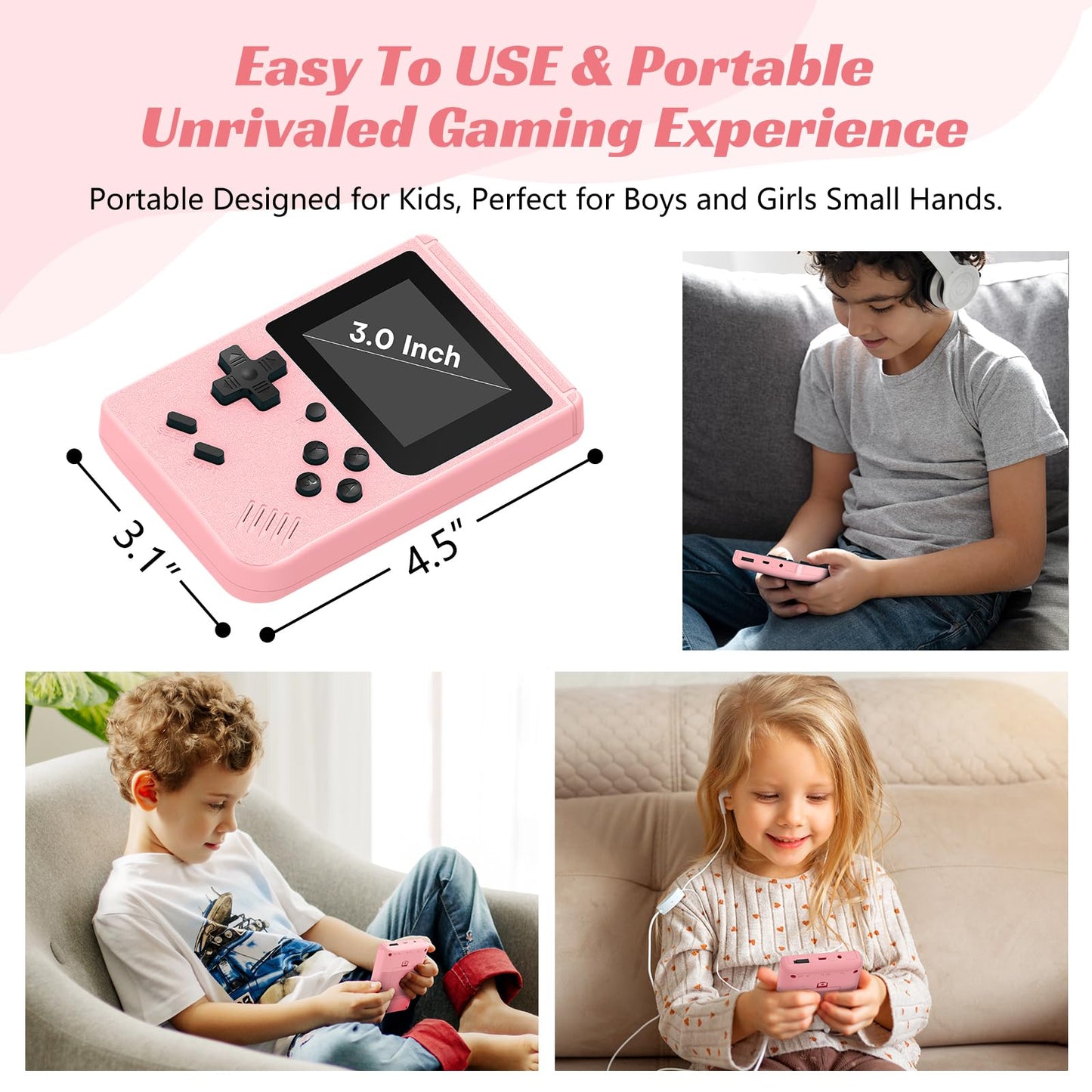 Retro Handheld Games Console, Built-in 400 Video Games, Portable Video Gaming Player with 3.0 Inch IPS Screen and Rechargeable Battery (Pink)
