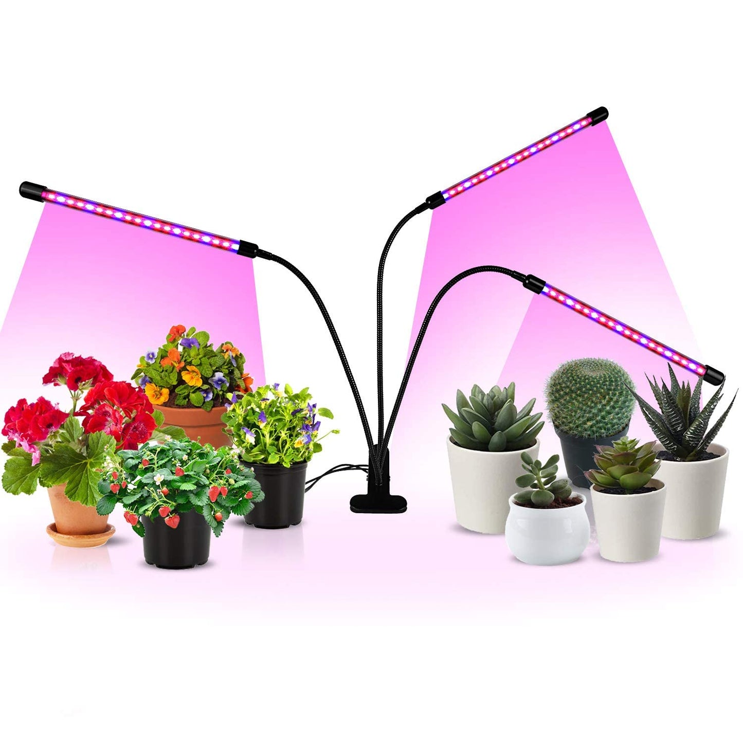 iPower 15W Triple Head LED Grow Light - Red & Blue Spectrum, Adjustable Gooseneck, 4 Tubes, 11 Dimmable Levels, Auto ON/OFF