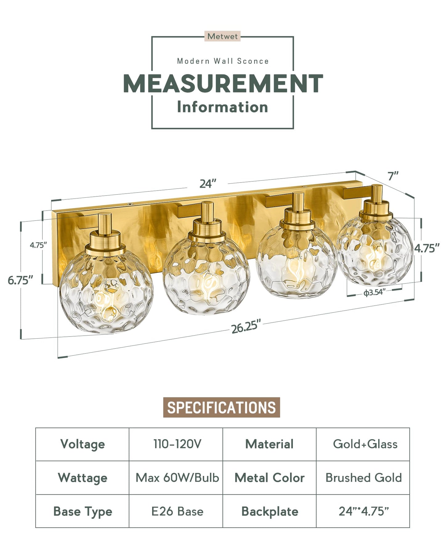 Metwet Bathroom Light Fixtures Over Mirror  26  Brushed Gold Bathroom Vanity Light With Clear Hammered Glass Globe Shade  4-Light Modern Sconces Wall Lighting  Vl200-Bg-Cl-4