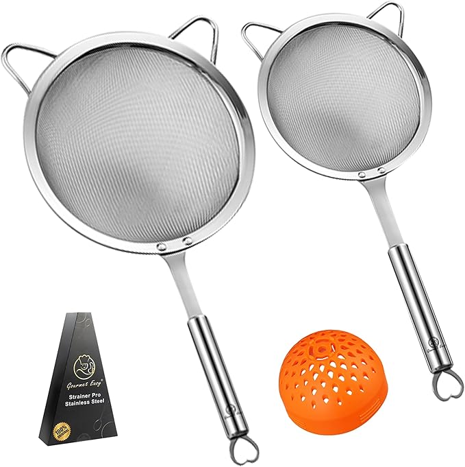 Stainless Steel Fine Mesh Strainer Set – 1 Large Flour Sifter with Sturdy Handle + 1 Small Mesh Sieve for Pasta & Rice + 1 Silicone Can Strainer – Stable, Durable, Dishwasher Safe, 5-Year Warranty