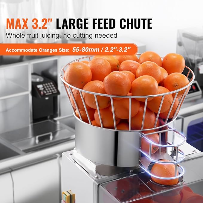 VEVOR Commercial Orange Juicer Machine, 120W Automatic Feeding Juice Extractor, Stainless Steel Juice Extractor for 25 Oranges Per Minute, with Pull-Out Filter Box, PC Cover, 2 Peel Collecting Buckets