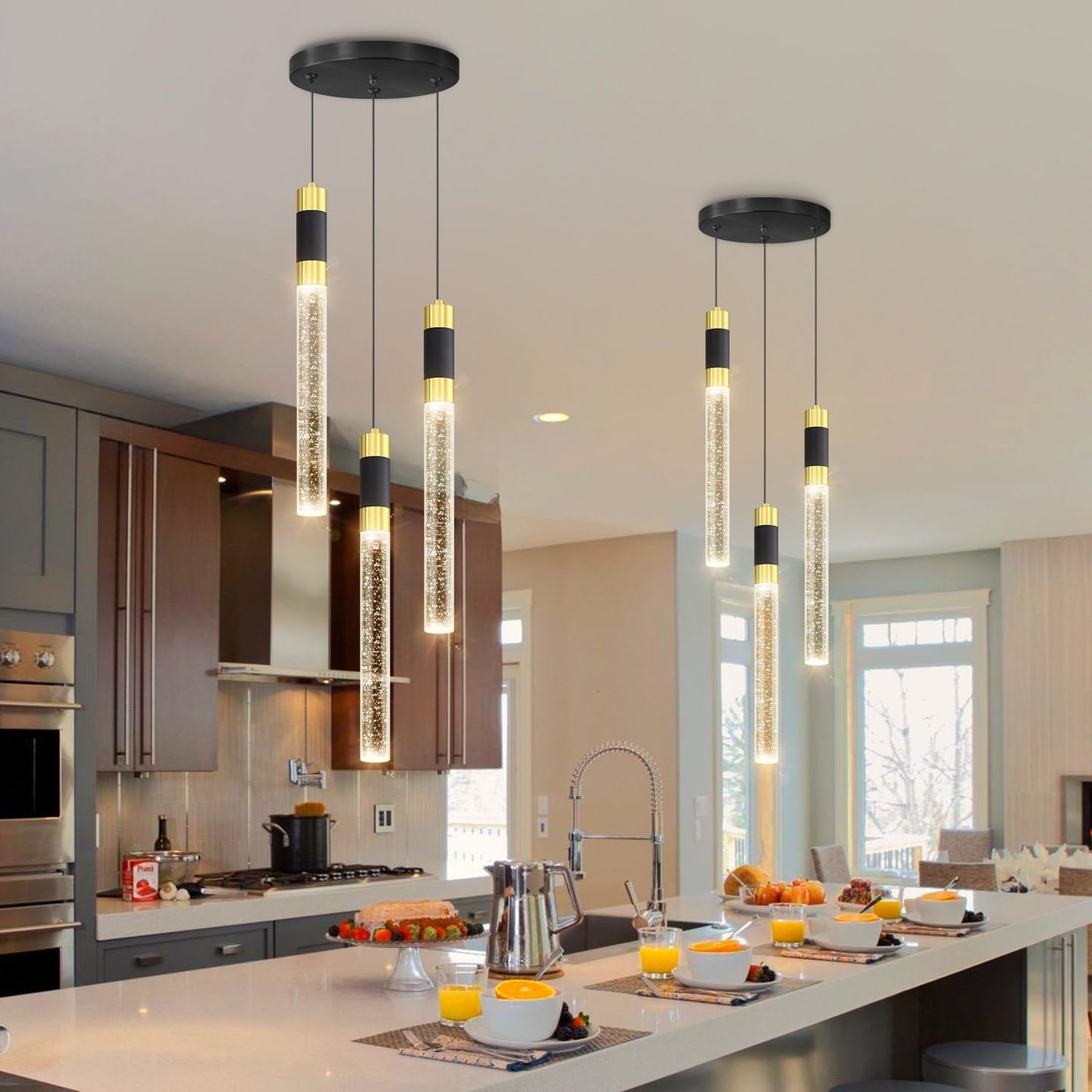 Cenozo Modern Pendant Light - 3-Lights LED Dimmable, Remote Control, 3000K-6000K, Black - Model RS8002-3tou-yuanpan-R