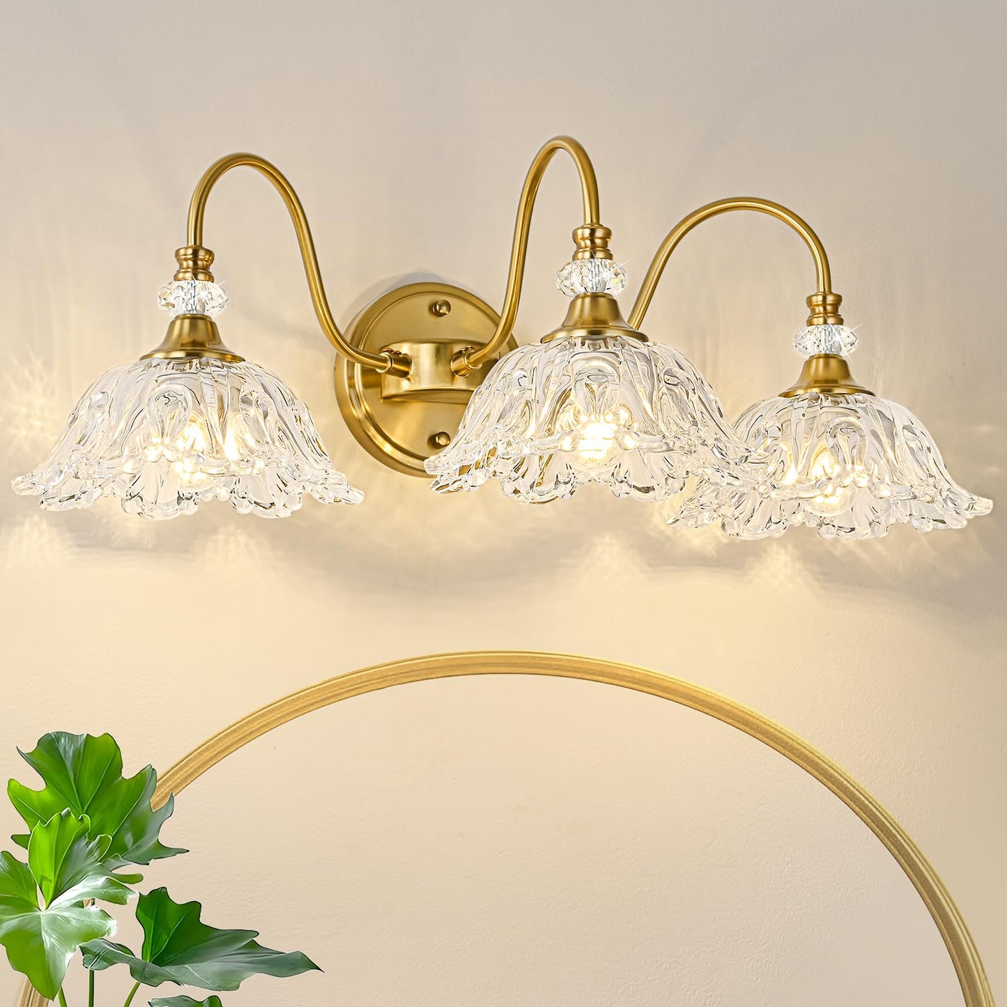 Sunkryster Gold Bathroom Vanity Light  3-Light Brushed Gold Finish Vanity Light With Floral Clear Glass Shades  Retro Wall Mount Lighting For Bathroom  Dressing Table