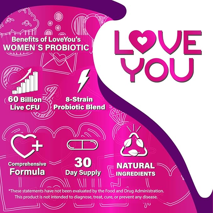 Love You Womens Probiotic, Ph Balance, Ut, Feminine, Vaginal Health Supplement, Digestive, Pre + Pro + Postbiotic, Delayed Release, 60 Billion Live CFU, 8-Strain Probiotic Blend, 30 Veg Caps Servings
