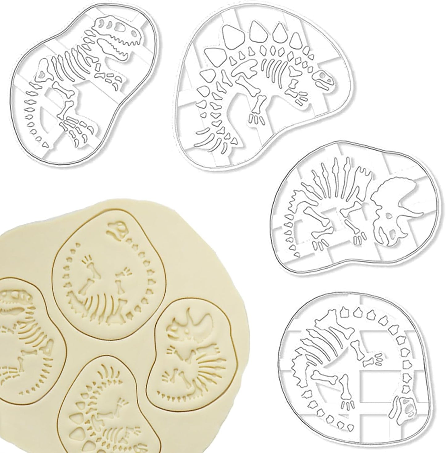 4 Pcs Dinosaur Cookie Cutters Dinosaur Skeleton Fossil Cookie Cutters Stegosaurus T-Rex Tanystropheus Triceratops Bone Fossil Mold for Stamp Baking Dinosaur Biscuits Enthusiasts