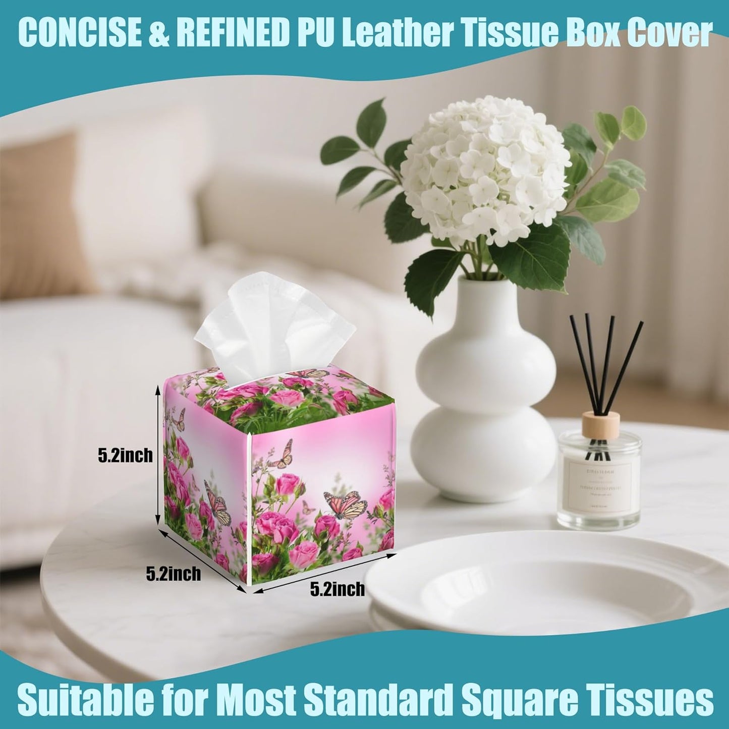Roses Floral Bush Leather Tissue Holder,Flying Butterfly Square Tissue Box Cover,Modern Decorative Facial Tissue Paper Cover for Car Bedroom Nightstand Vanity Desk Office Table Top,5.2" x 5.2" x 5.2"