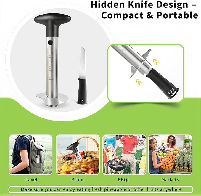 YYP Pineapple Corer and Slicer with Measurement Marks – Stainless Steel Pineapple Cutter for Perfect Pineapple Rings & Effortless Cutting (Black)