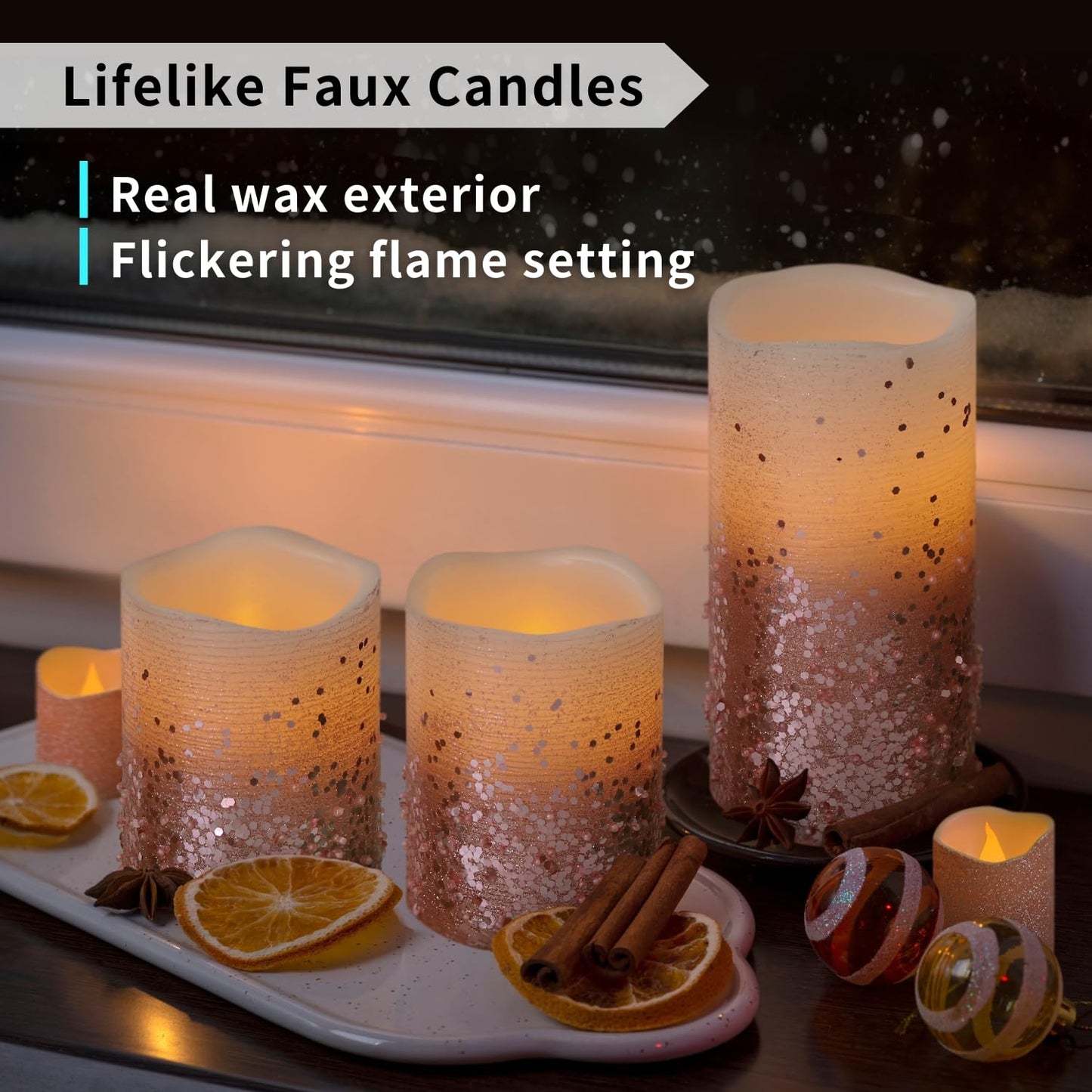 FURORA LIGHTING Pink Glitter LED Candles with Remote and Timer, 4 Pillars and 4 Votives Pack of 8, Real Wax Flameless Flickering Candles for Home Décor, Battery Included