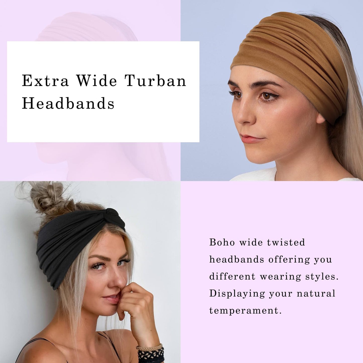 Tobeffect Extra Wide Turban Headbands for Women, 7'' Large Hairbands Boho Colorful Headband Twisted Knot Hair Accessories, 6 Pac