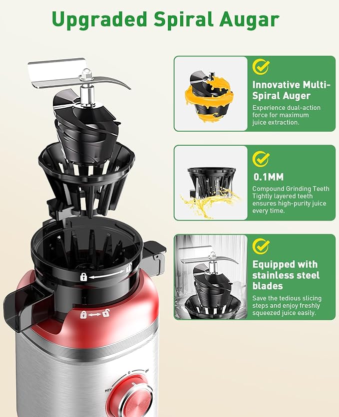 Cold Press Juicer Machines with Wide Feed Chute, Slow Masticating Juicer Maker for Whole Vegetables & Fruits, High Juice Yield, Easy to Clean, Large Auger Extractor, Red