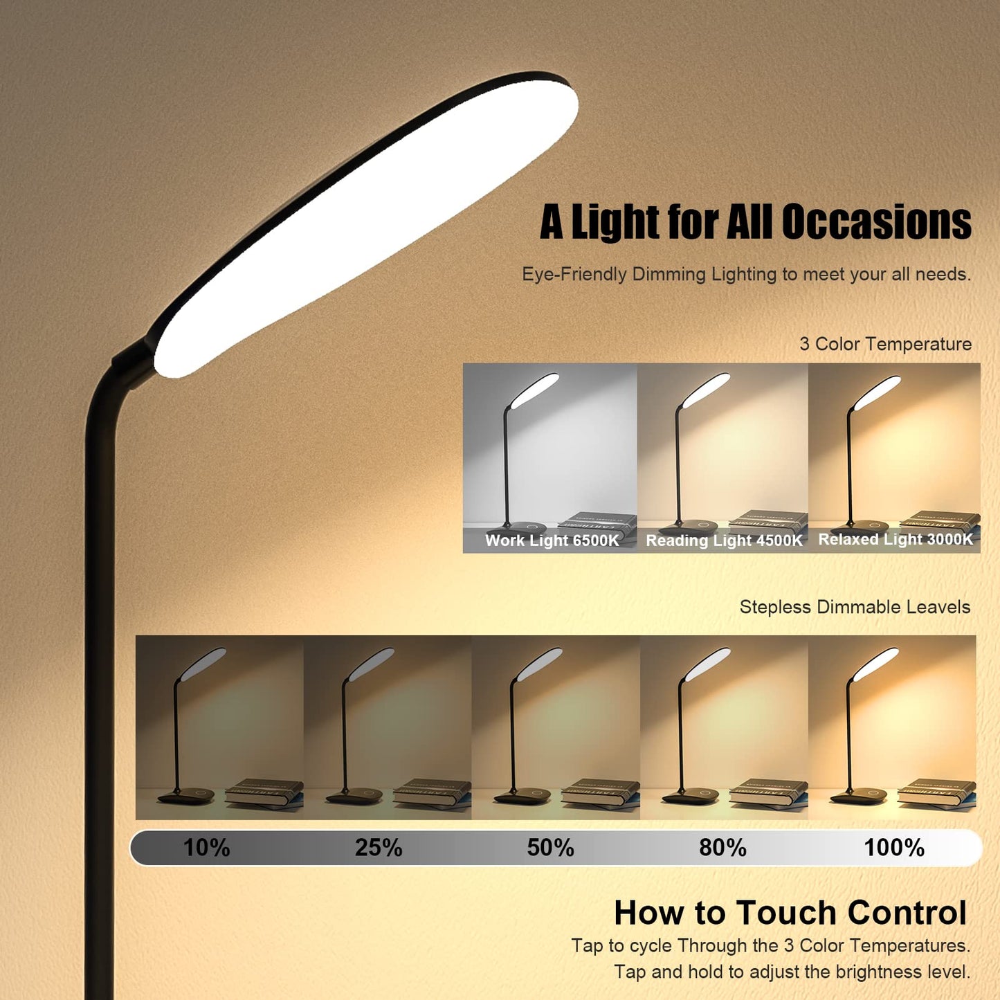 DEEPLITE LED Desk Lamp, 3 Lighting Stepless Dimming, Touch Control, Portable, 2 Pack, Black, Flexible Gooseneck, Eye Caring