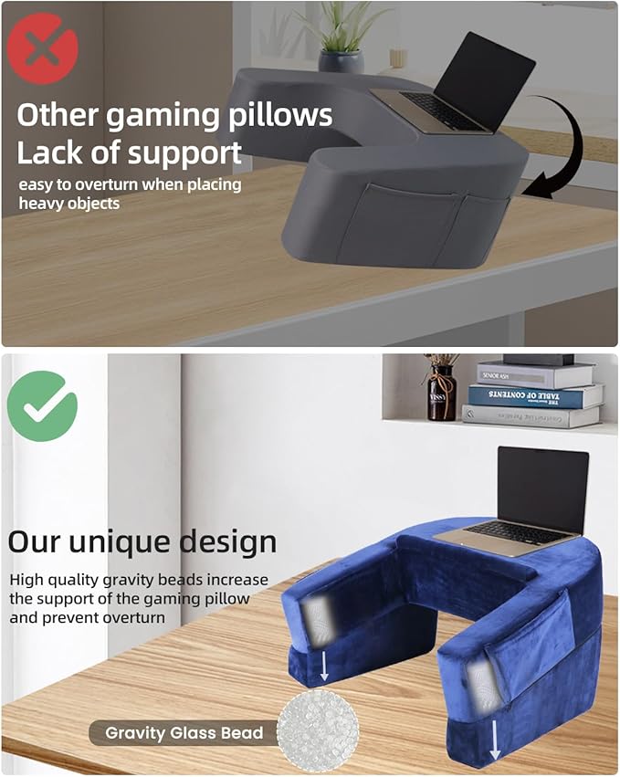 Weighted Idea Reading Pillow for Gaming, Meduim Gaming Pillow for Adult，Table Pillow with 2 Side Pockets for Gaming, Reading, Working Sitting in Bed Floor Sofa (Blue)