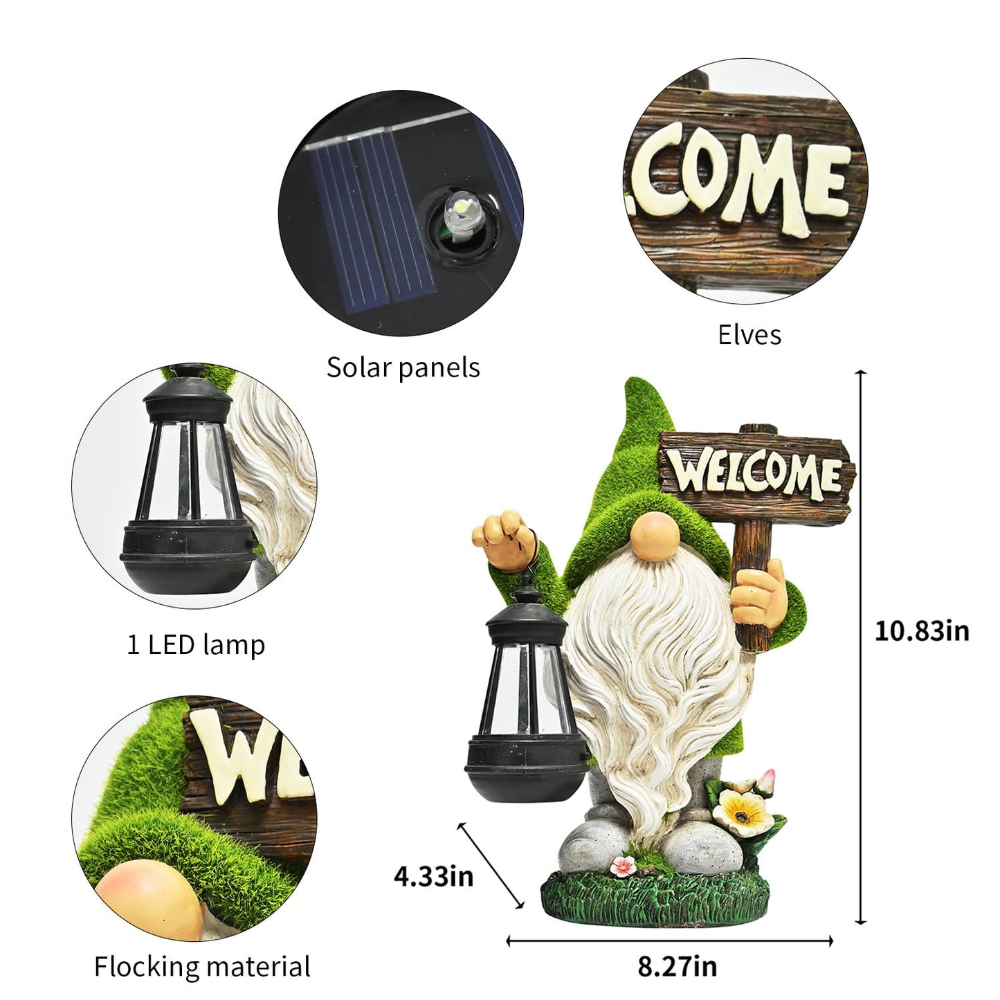 ASAWASA Gnomes Decorations for Yard, Solar LED Light, 10.8in Large, Resin, Gnome With Welcome Placard
