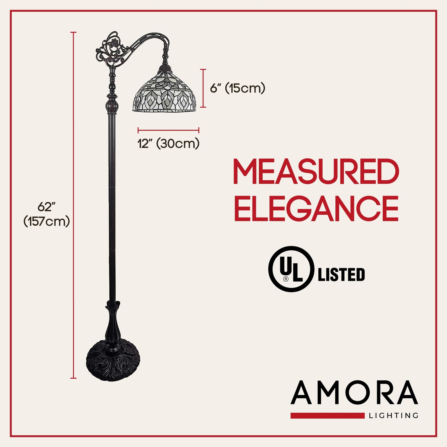 Amora Tiffany Floor Lamp - Arched  Stained Glass 62  With Foot Switch Operation And Adjustable Lamp Shade - Custom Handcrafted Floor Lamps For Living Room In White Mahogany Traditional Peacock