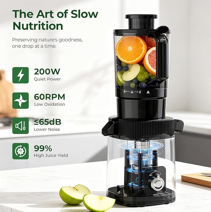 Cold Press Juicer Machine, 4.4" Wide Feed Chute, Slow Masticating Juicer for Whole Vegetables & Fruits, Easy to Clean Stainless Steel Juice Press, Dishwasher Safe, High Juice Yield