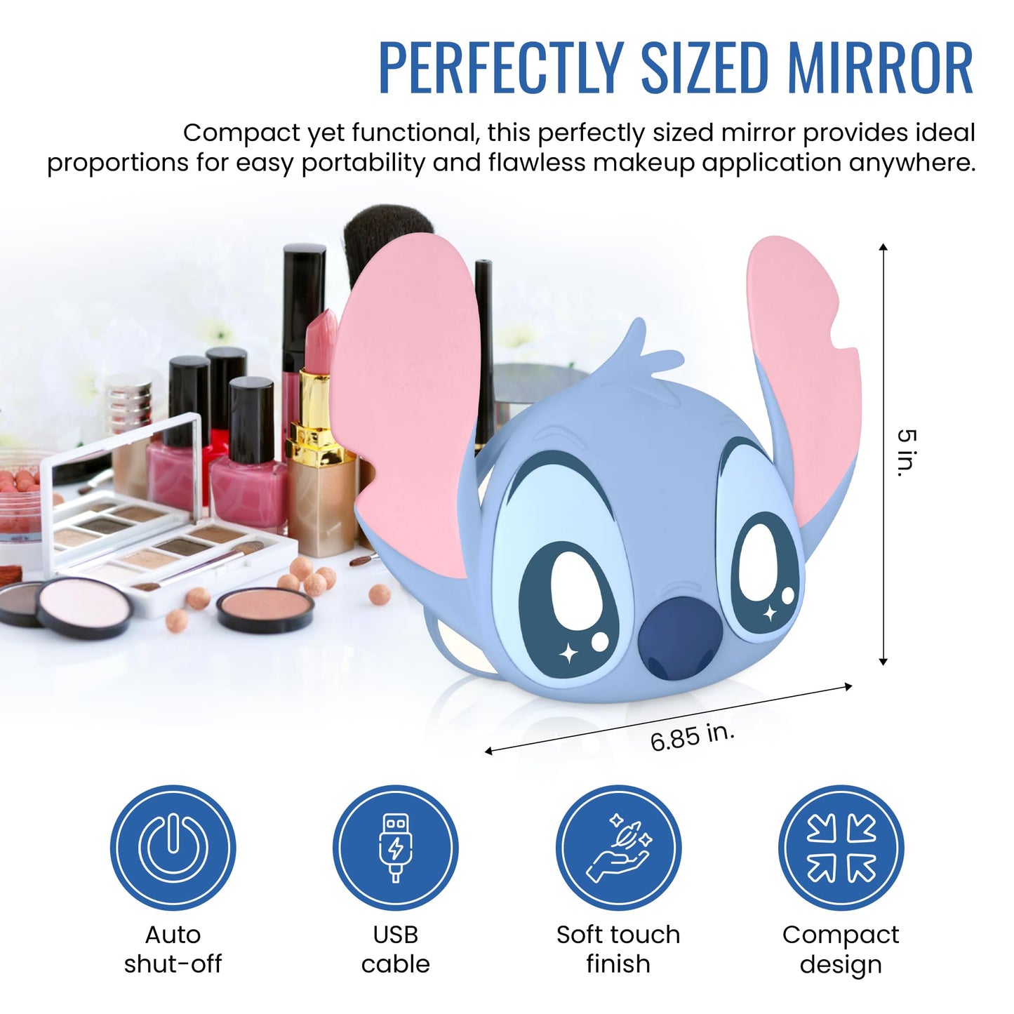 Impressions Vanity Stitch Ohana LED Compact Mirror with Lights, Lighted Travel Makeup Mirror with 3X Magnification, Adjustable B