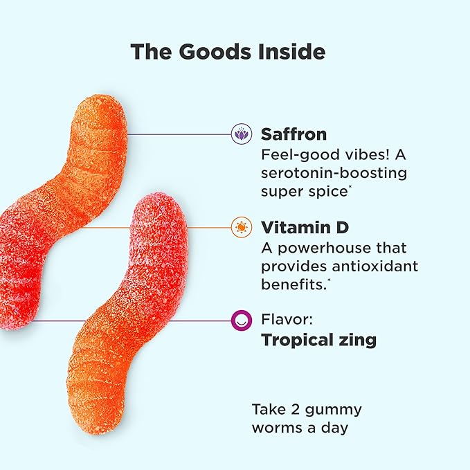 OLLY Hello Happy Gummy Worms, Mood Balance Support, Vitamin D, Saffron, Adult & Undeniable Beauty Gummy, for Hair, Skin, Nails, Biotin, Vitamin C, Keratin, Chewable