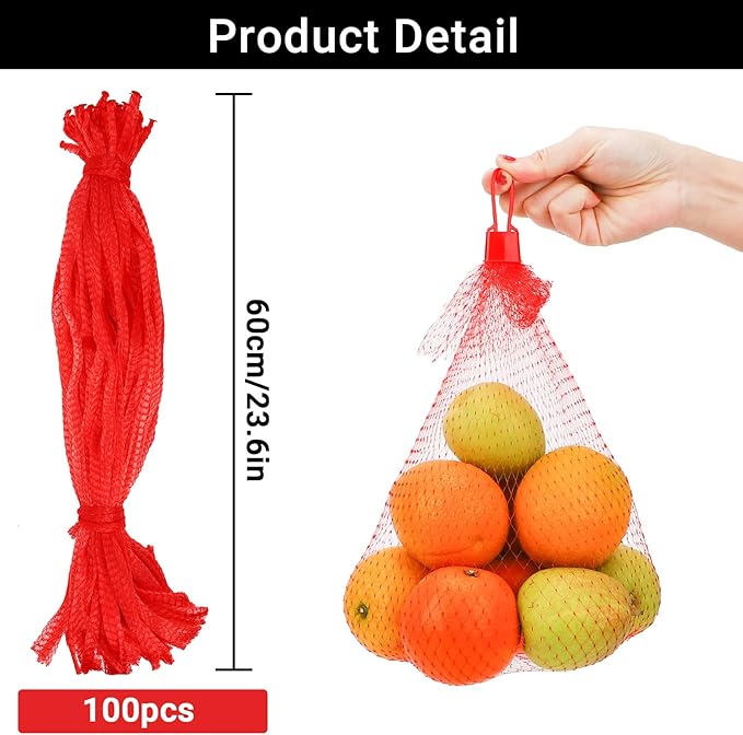 100 Pack Reusable Produce Bags, Watermelon Nets with Loop-Style Closures, Onion Bags Mesh Bags for Vegetables, Melon Cradle for Garden Trellis Fruit Hammock Onion Storage, 23.6 inch Red