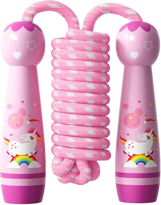 Jump Rope for Kids-Adjustable Cotton Braided Skipping Rope with Wooden Handle for Toddler Fitness Workout Exercise Outdoor...