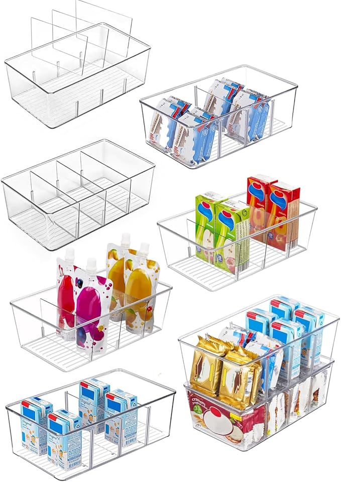 8 Pack Pantry Organizers and Storage,Snack Containers with 3 Dividers for Kitchen,Fridge,Refrigerator Organization and Storage,Clear Plastic Organizer Bins for Spice,Tea bag,Seasoning