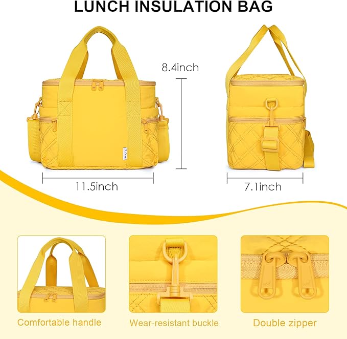 NOL Natural Organic Lifestyle Women's Nylon Lunch Cooler Cute Quilted Lunch Bag Large Leakproof Insulated Lunch Tote Bag for Work Picnic Travel,Earth-yellow