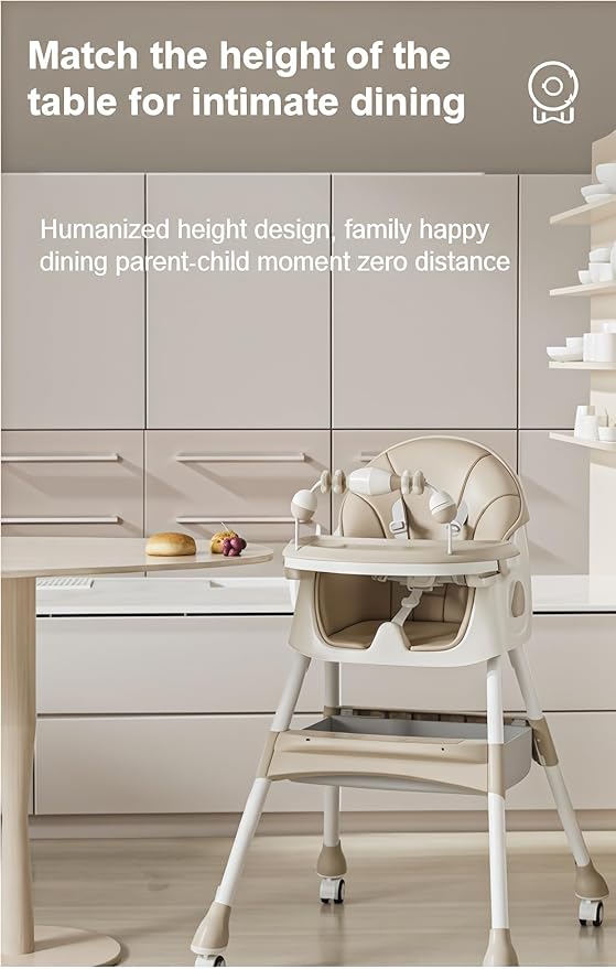 PU Leather Baby High Chairs with Rocking Mode, Foldable Multi-Functional Baby Eating Chair with Adjustable Backrests and Heights, High Chair with Wheels and Double Trays（560 Grey）